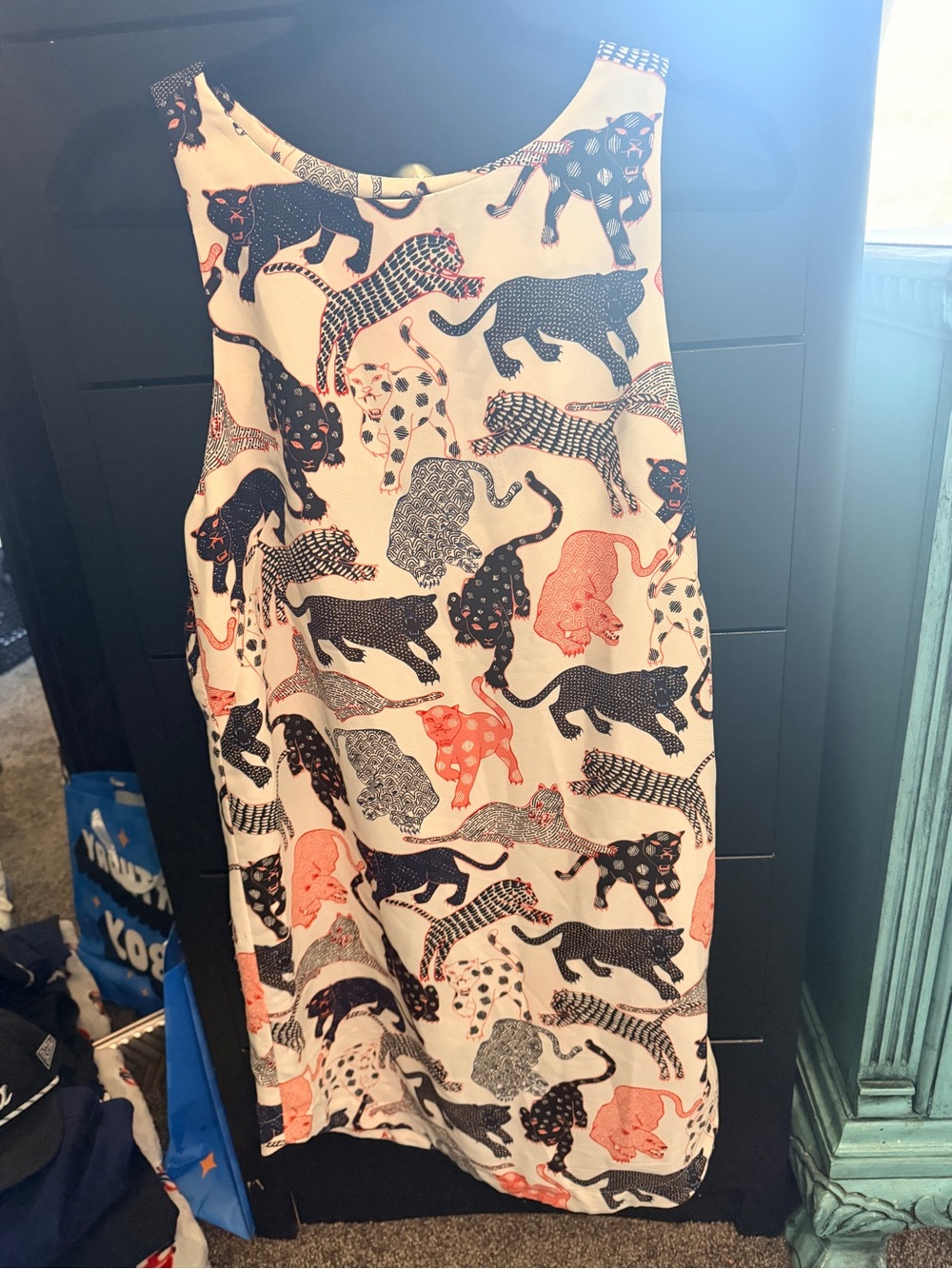 H&M Cream A-Line Dress with Black and Coral Cat Print